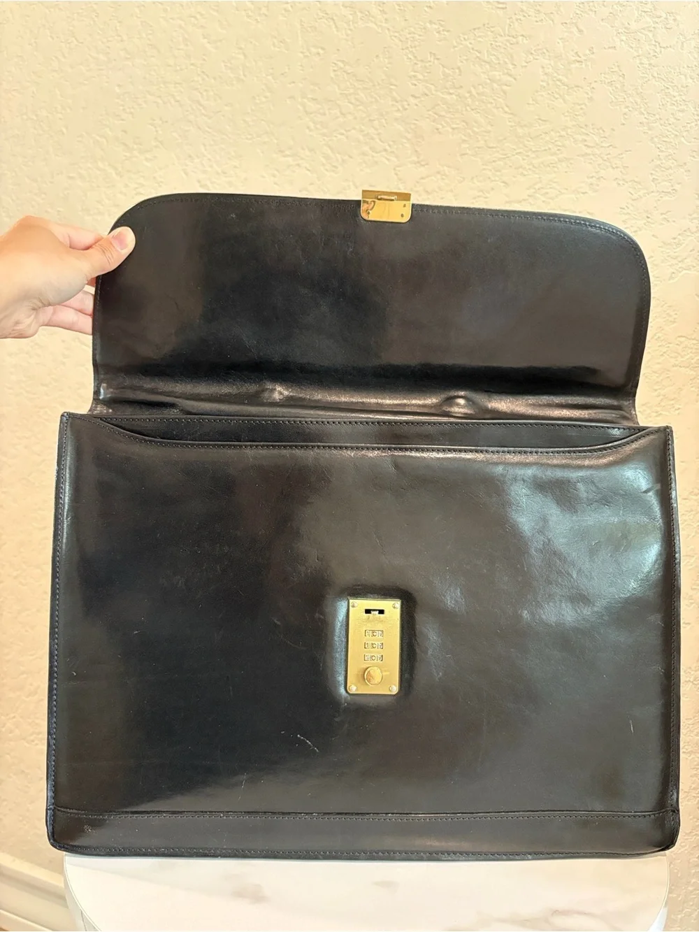 Bally Black Leather Briefcase with Gold-Tone Combination Lock